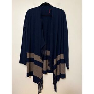 Cashmere Cashmere‎ Navy Blue Taupe Striped Fringe Open Front Cardigan Sweater L